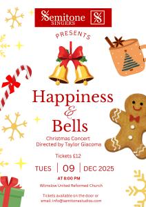 Poster with various Christmassy items such as bells, a gingerbread cookie, a candy cane, a mug, and a gift-wrapped box
